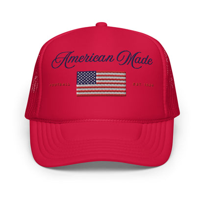 "White/Red American-Made Women’s Trucker Hat with American Flag Design | Patriotic and Stylish"