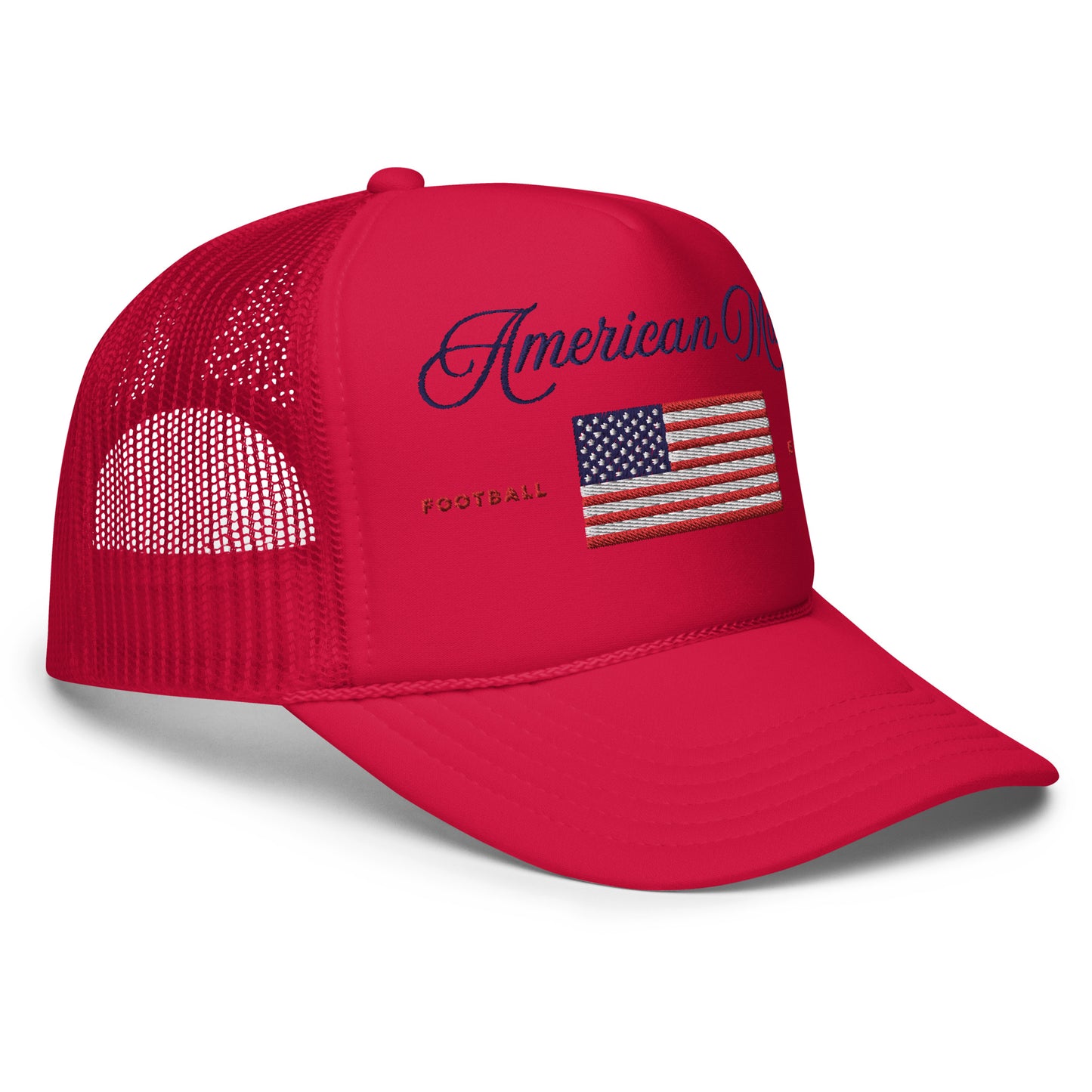 "White/Red American-Made Women’s Trucker Hat with American Flag Design | Patriotic and Stylish"