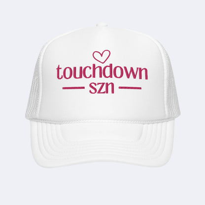 White Women’s Trucker Hat with 'Touchdown SZN' in Pink 3D Design