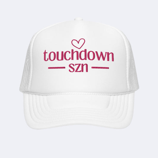 White Women’s Trucker Hat with 'Touchdown SZN' in Pink 3D Design