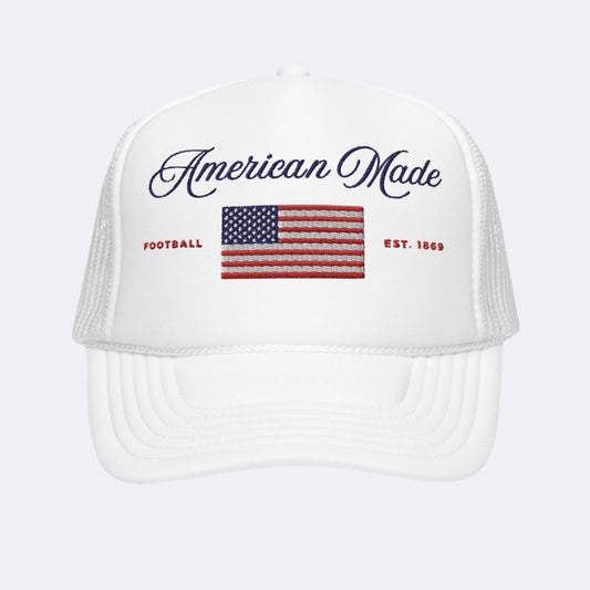 "White/Red American-Made Women’s Trucker Hat with American Flag Design | Patriotic and Stylish"