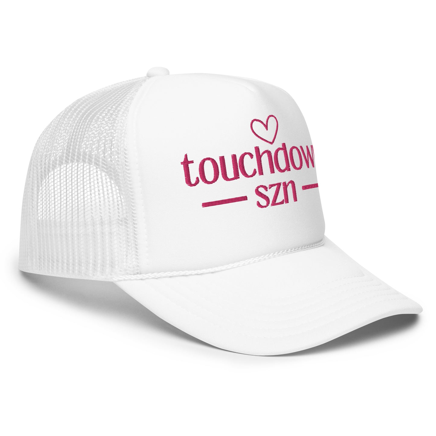 White Women’s Trucker Hat with 'Touchdown SZN' in Pink 3D Design