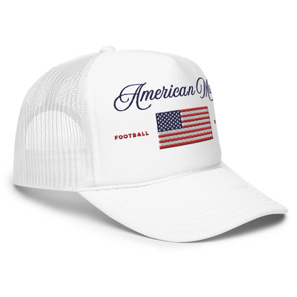 "White/Red American-Made Women’s Trucker Hat with American Flag Design | Patriotic and Stylish"